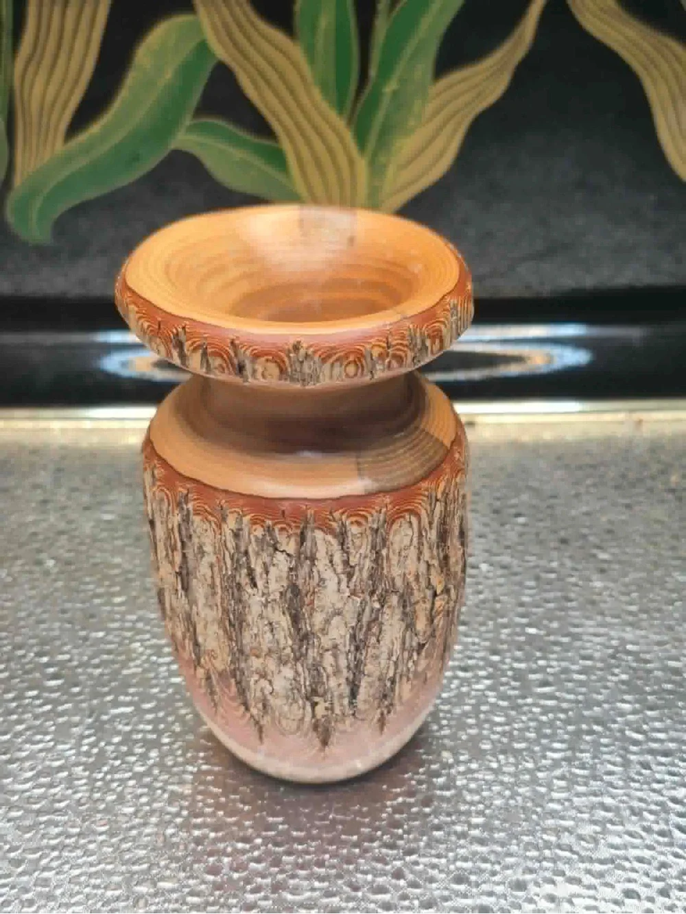 Vintage Mini Hand Turned Yew Wood Vase with Bark GEORGE LOONEY Rustic Decor